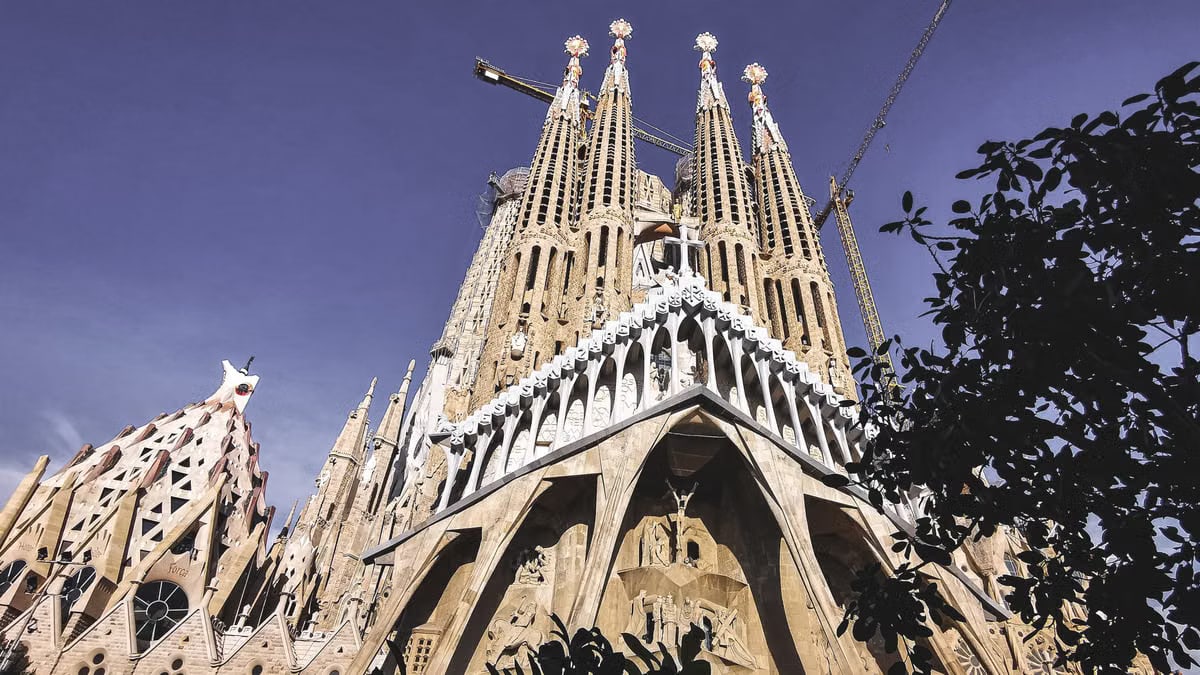 Stunning view of La Sagrada Familia's intricate facade and spires in Barcelona.